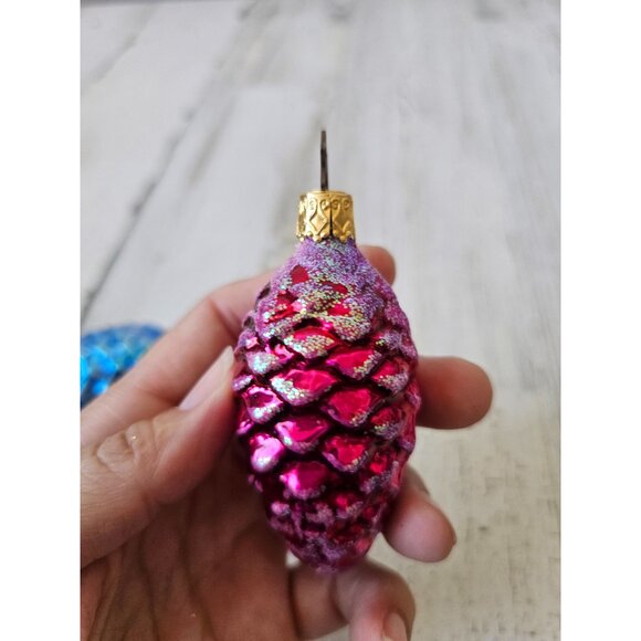 Inge glas acorn pinecone glitter blue red ornament Xmas tree Germany - Picture 6 of 9